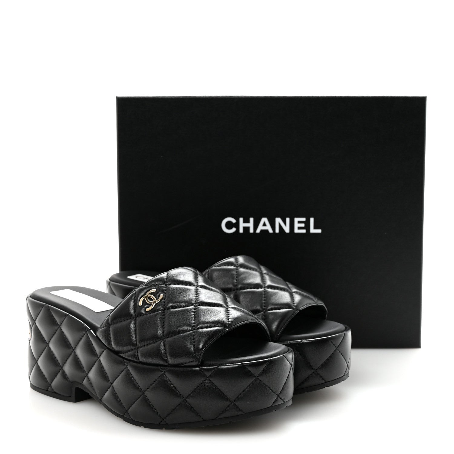 Lambskin Quilted CC Mules Wedge Sandals 37 Black