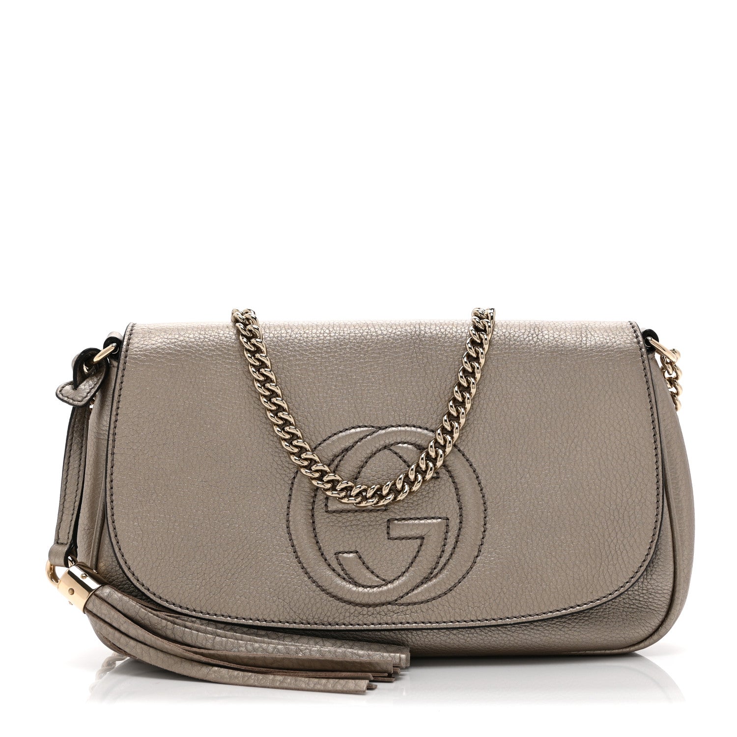 Gucci Metallic Pebbled Calfskin Medium Soho Flap Crossbody Golden Beige