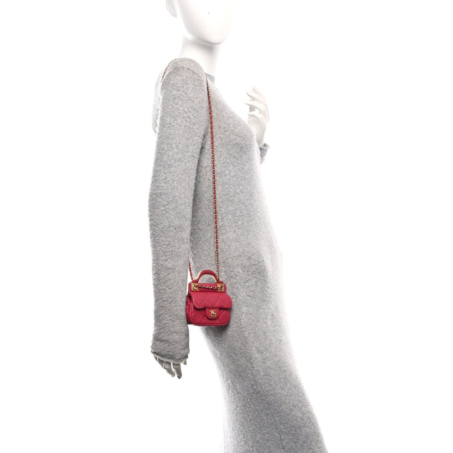 Chanel Calfskin Quilted Lady Handle Flap Card Holder With Chain Dark Pink