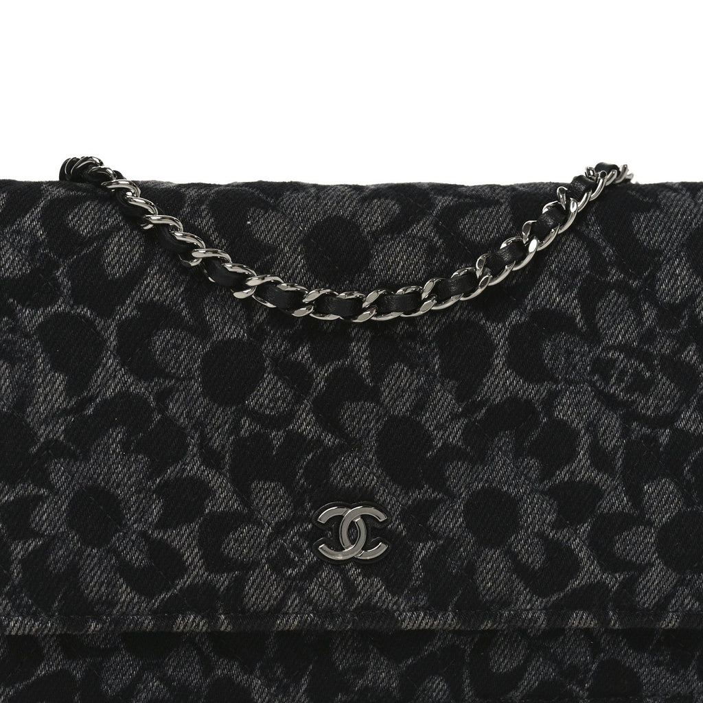 Chanel Printed Denim Quilted Flower Wallet On Chain WOC Black