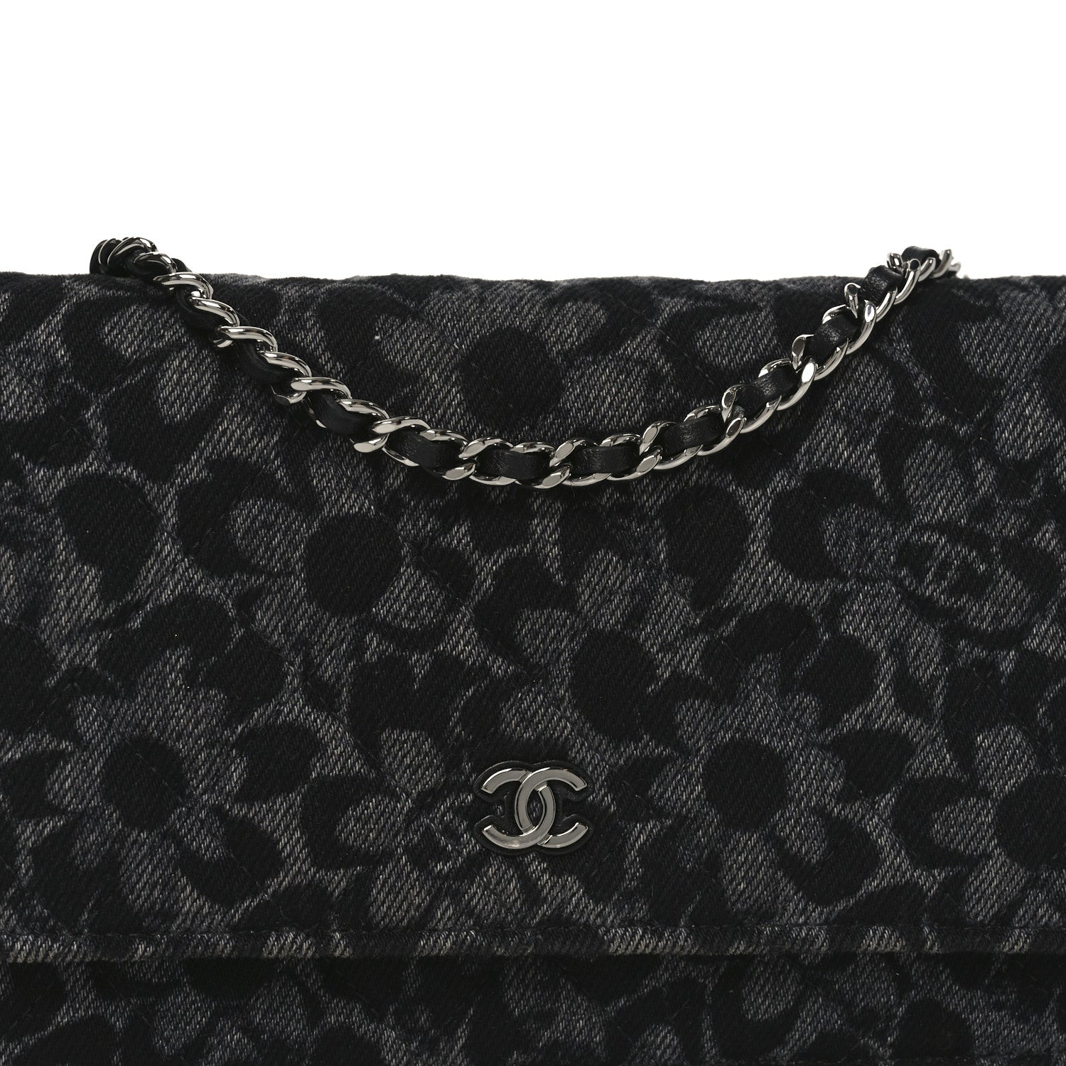 Chanel Printed Denim Quilted Flower Wallet On Chain WOC Black