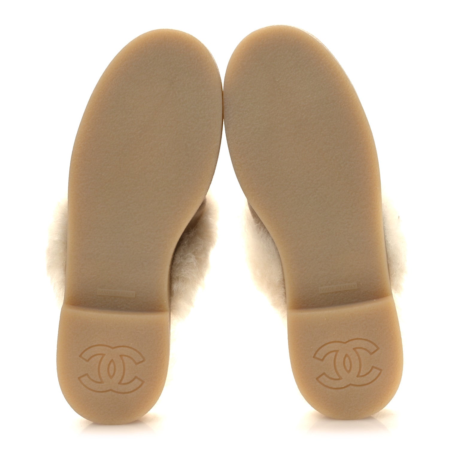 Chanel Suede Shearling CC Cap Toe Mules 39 Beige Black