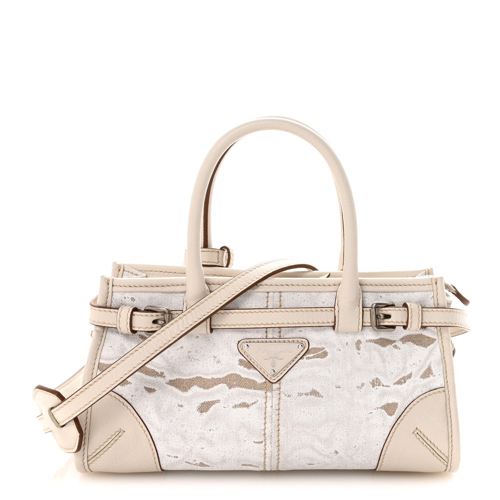Prada Linen Calfskin Triangle Mini Bonnie Hand Bag White