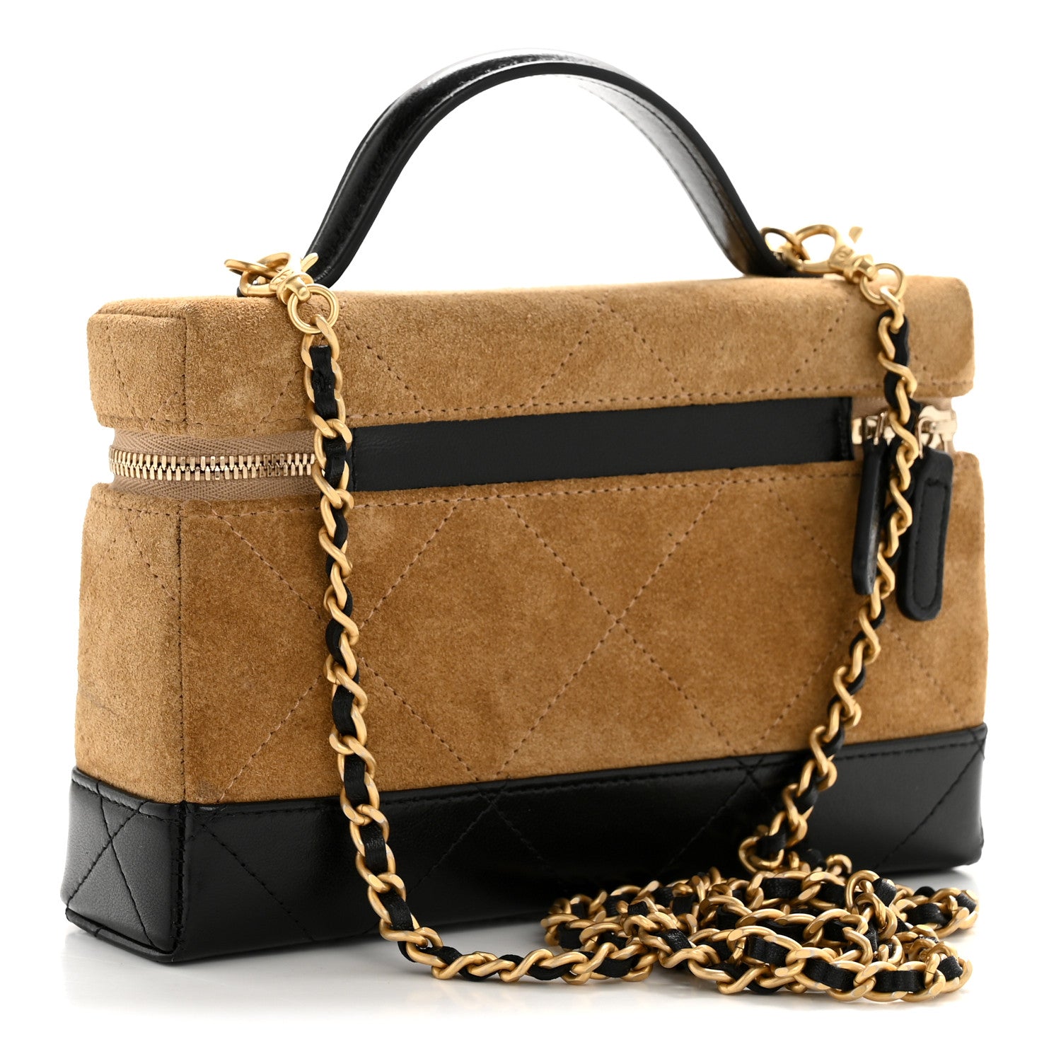 Chanel Suede Calfskin Shiny Lambskin Quilted Top Handle Slim Vanity Case With Chain Beige Black