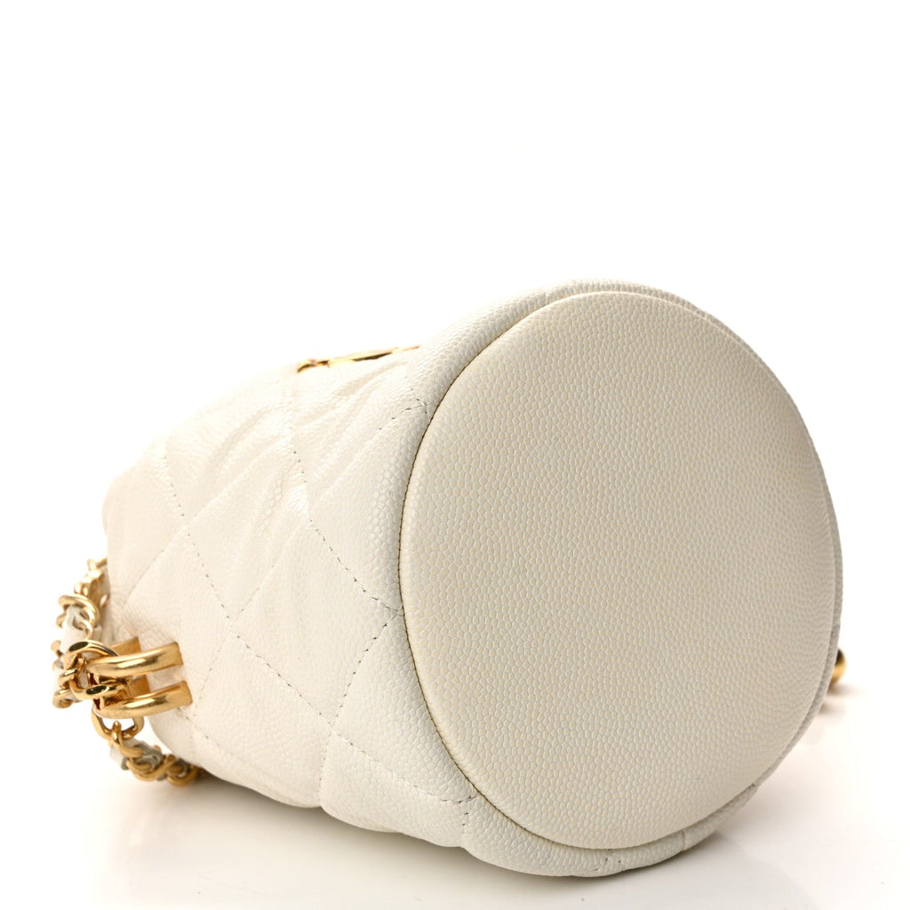 Chanel Caviar Quilted Coco First Bucket Clutch With Chain White