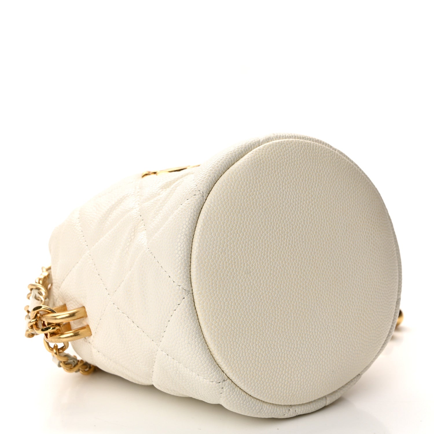 Chanel Caviar Quilted Coco First Bucket Clutch With Chain White