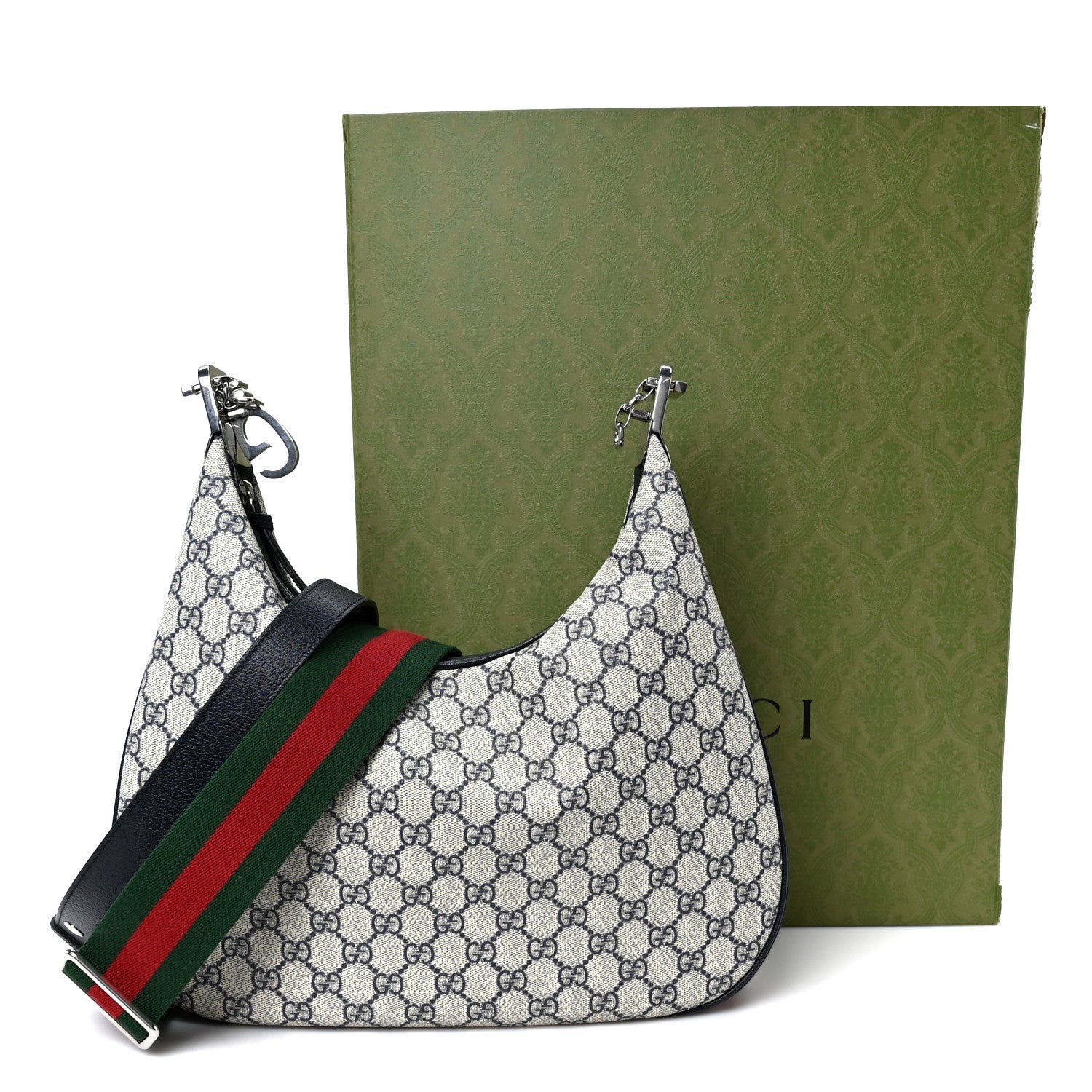 Gucci GG Supreme Monogram Textured Calfskin Web Large Attache Shoulder Bag Beige Blue