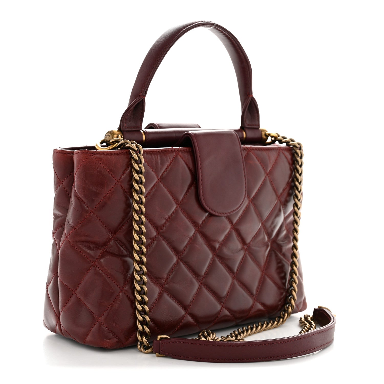 Chanel Glazed Calfskin Quilted Small Gold Bar Tote Red