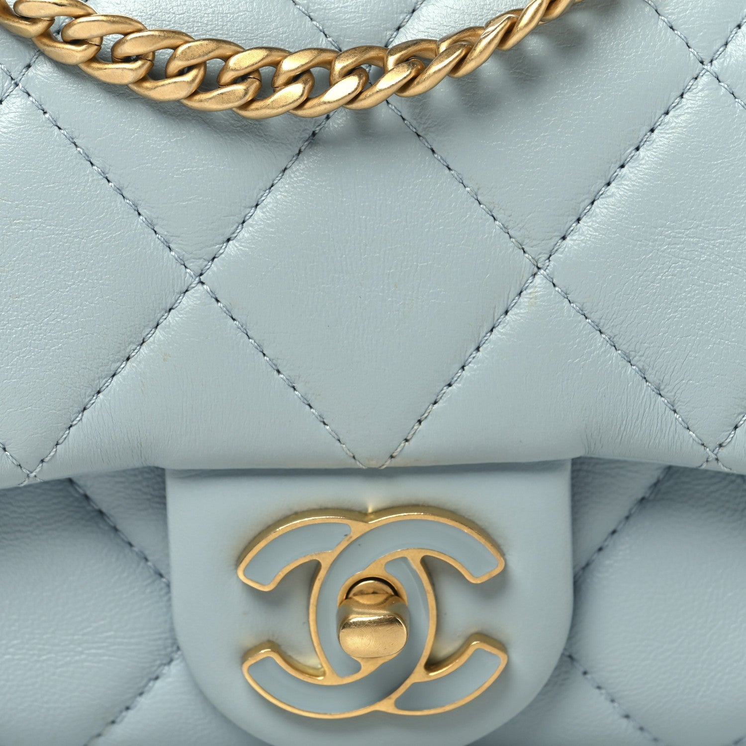Chanel Lambskin Enamel Quilted Mini Pending CC Square Flap Light Blue