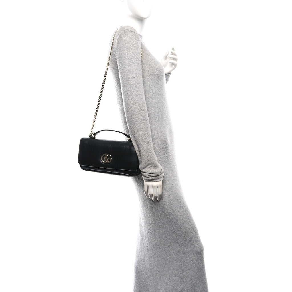 Gucci Lambskin Small GG Milano Top Handle Shoulder Bag Black