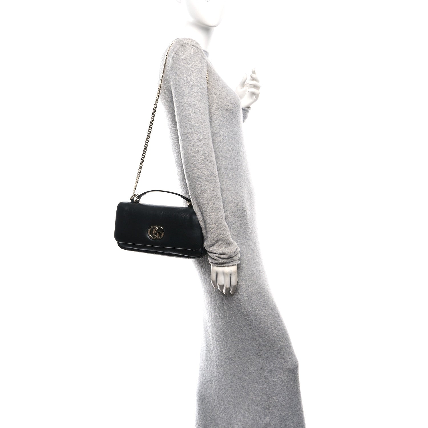 Gucci Lambskin Small GG Milano Top Handle Shoulder Bag Black