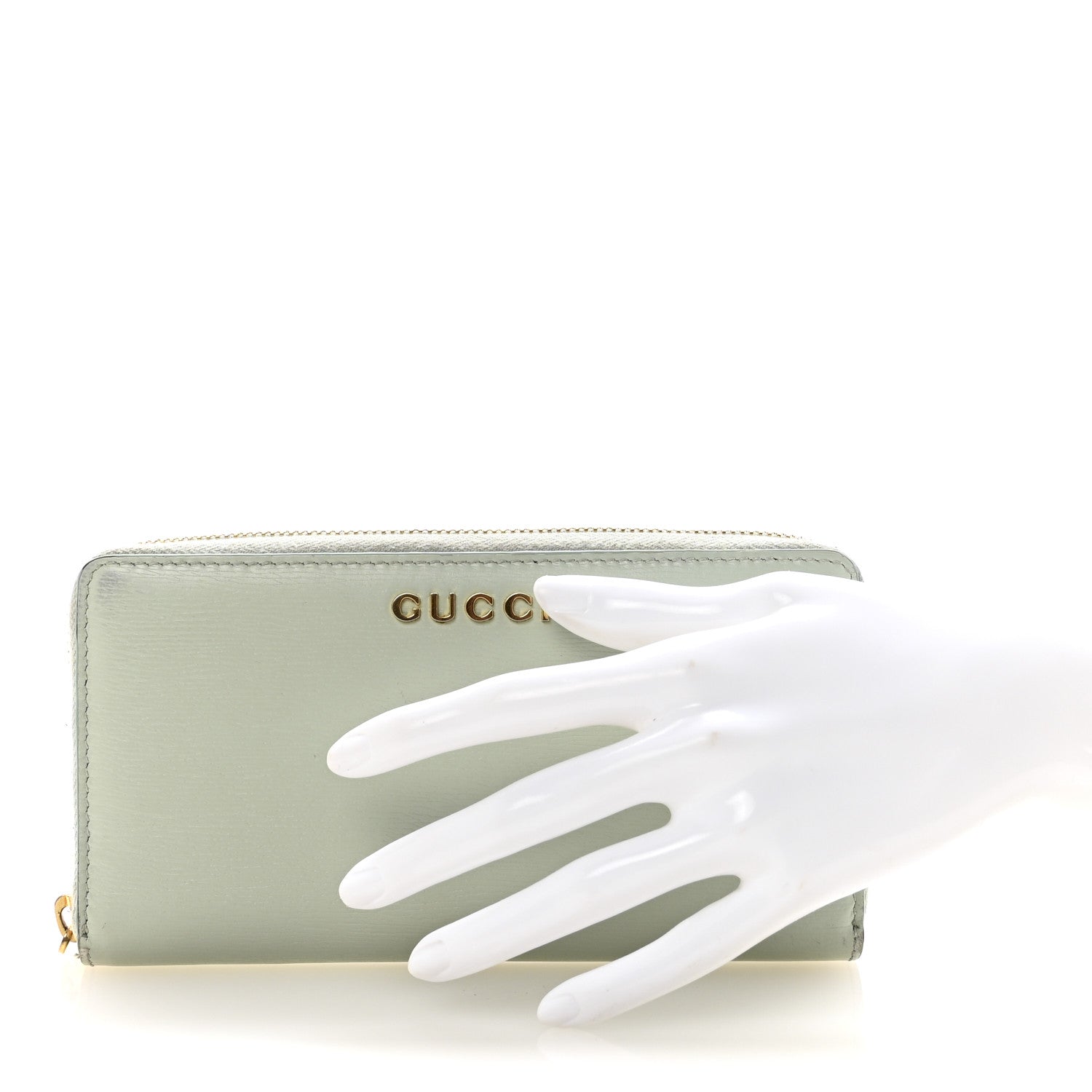 Gucci Textured Calfskin Gucci Script Zip Around Wallet Light Blue