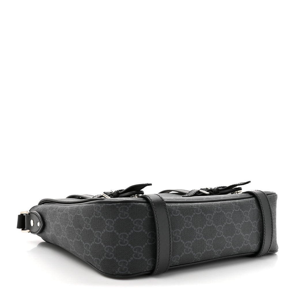 Gucci GG Supreme Monogram Textured Dollar Calfskin Retro Interlocking G Flap Messenger Bag Black