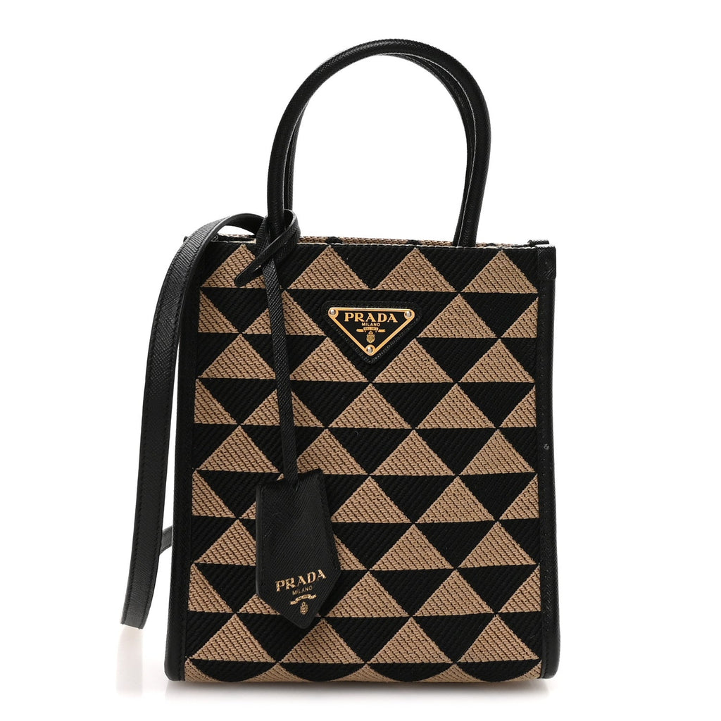 Prada Jacquard Saffiano Triangolo Symbole Embroidered Mini Tote Black Corda