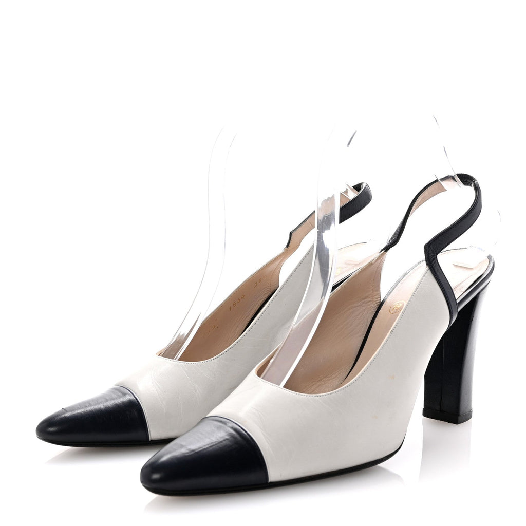 Pointed Cap Toe Slingback Pumps 39.5 Grey Navy