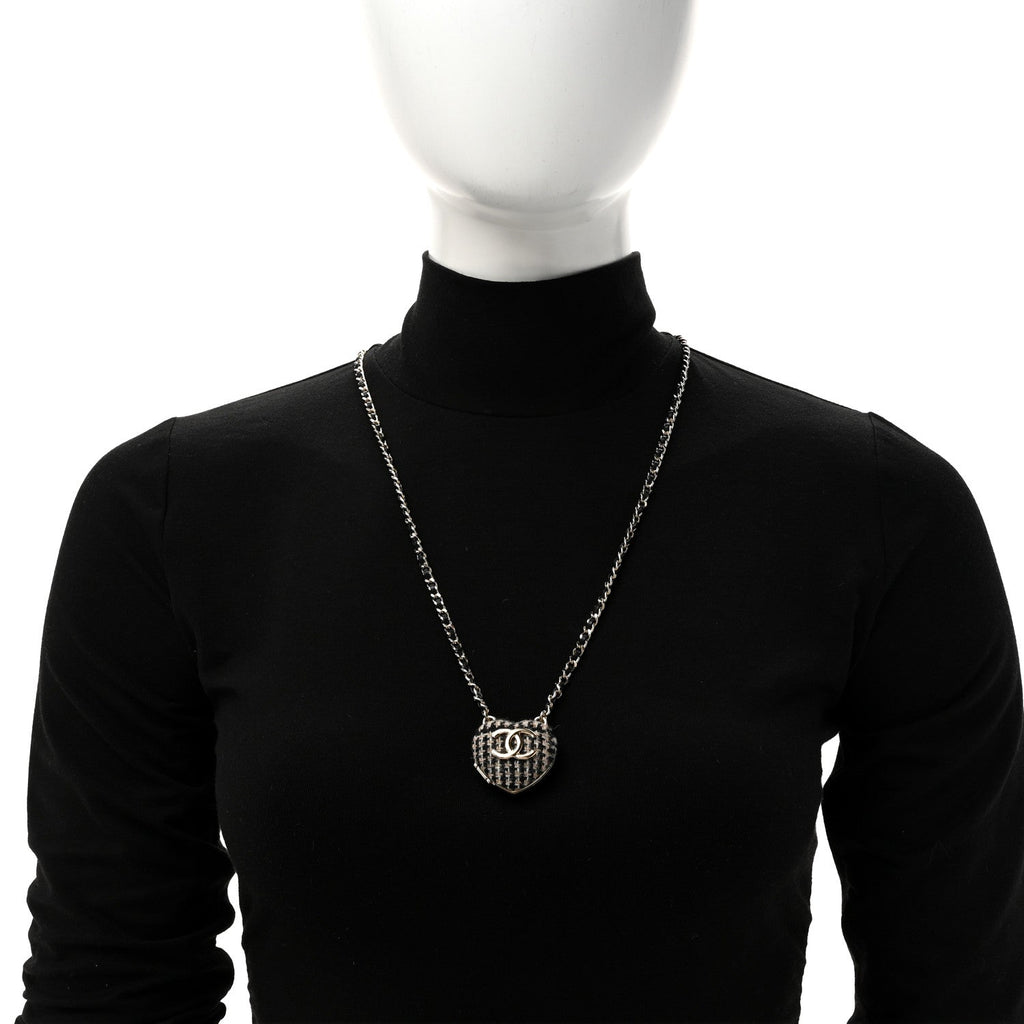 Chanel Tweed Lambskin CC Heart Locket Necklace Gold Black Beige