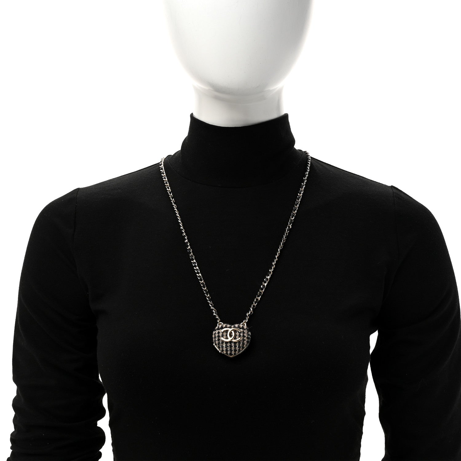Chanel Tweed Lambskin CC Heart Locket Necklace Gold Black Beige