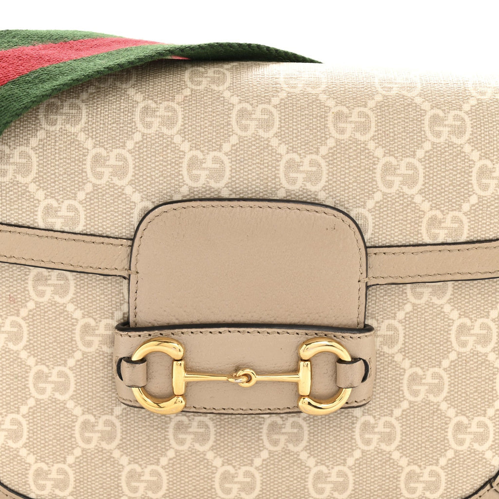 Gucci GG Supreme Monogram Textured Dollar Calfskin Web Mini Horsebit 1955 Shoulder Bag Beige Mystic White Oatmeal