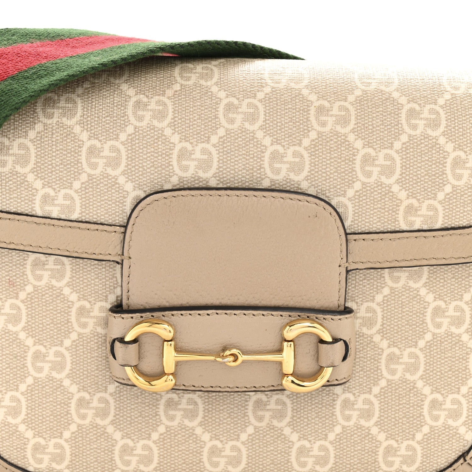 Gucci GG Supreme Monogram Textured Dollar Calfskin Web Mini Horsebit 1955 Shoulder Bag Beige Mystic White Oatmeal