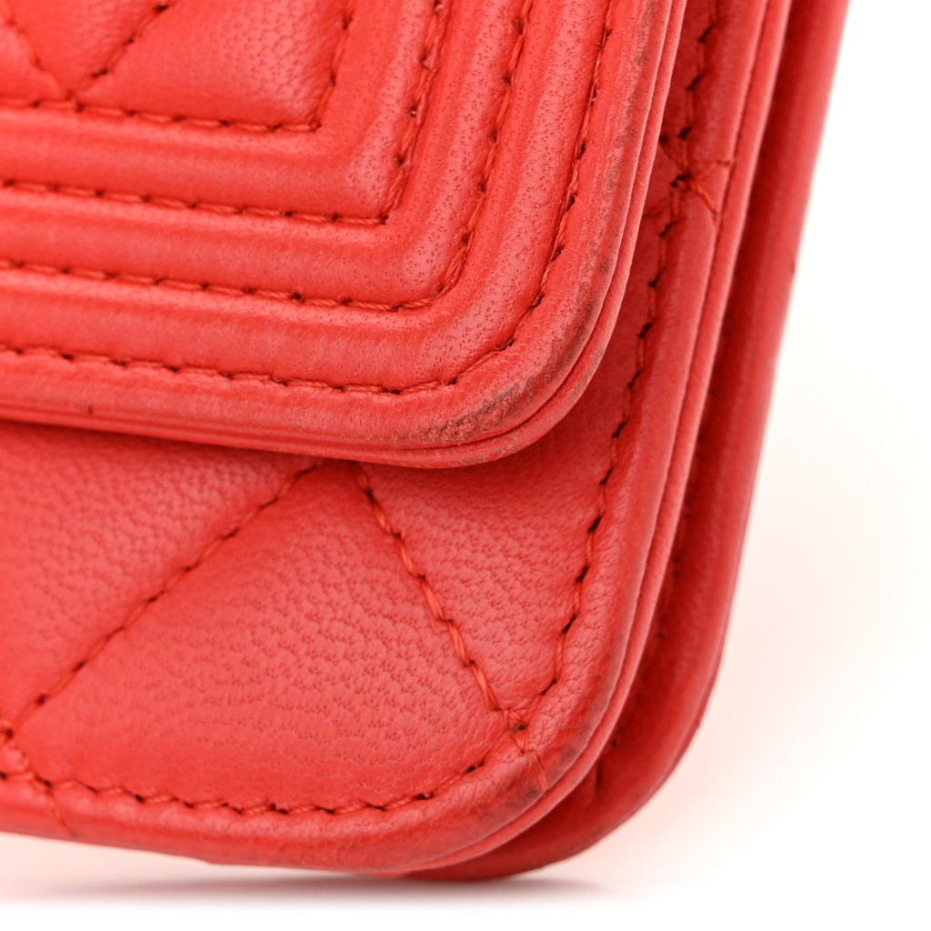 Chanel Lambskin Quilted Boy Wallet On Chain WOC Red