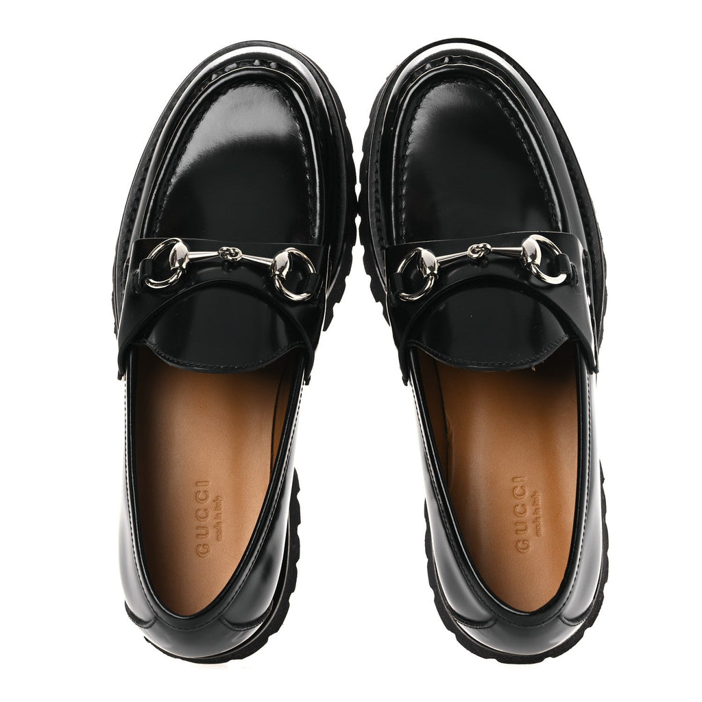 Gucci Cordovan Lux Womens Horsebit 45mm Platform Loafers 37.5 Black