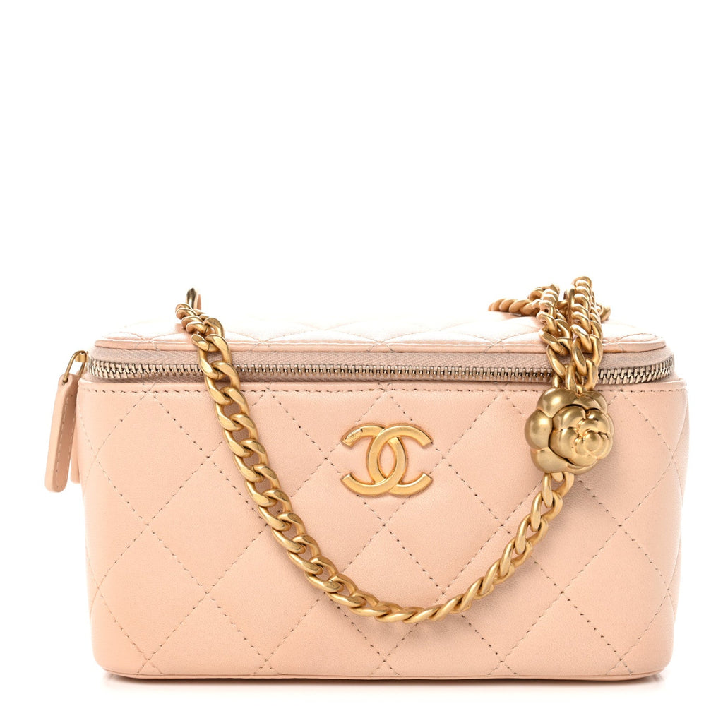 Chanel Lambskin Quilted Sweet Camellia Small Vanity Case With Chain Pink