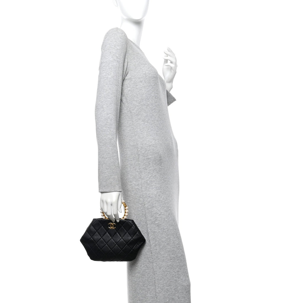 Chanel Lambskin Quilted Pearl Crown Clutch Bag Black