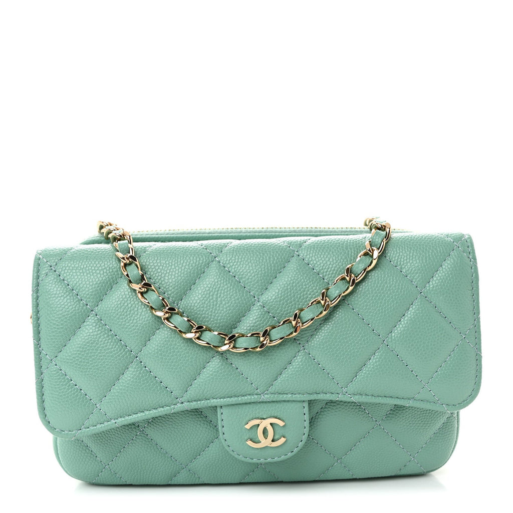 Chanel Caviar Quilted Flap Phone Holder With Chain Turquoise