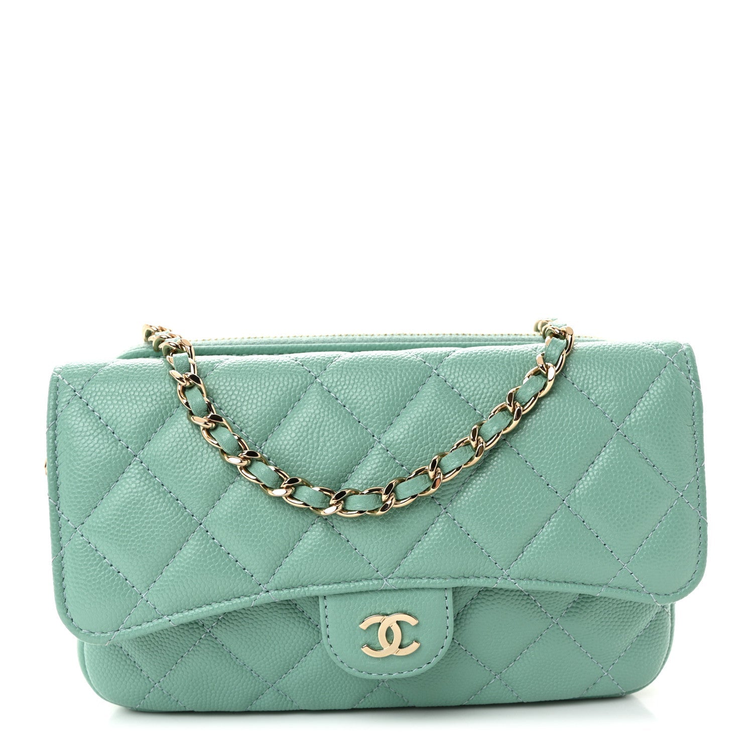 Chanel Caviar Quilted Flap Phone Holder With Chain Turquoise