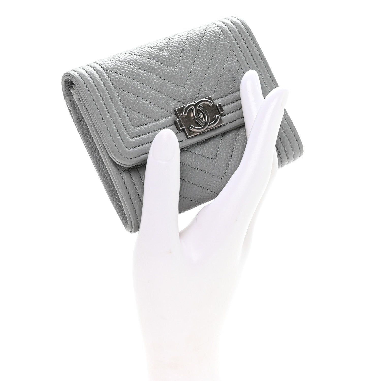Caviar Chevron Quilted Boy Card Holder Wallet Grey