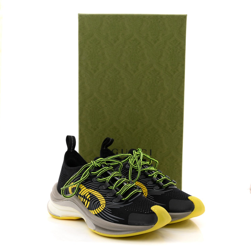 Gucci Technical Knit Fabric Waves Womens Gucci Run Sneakers 35 Black Silver Giallo Neon Yellow