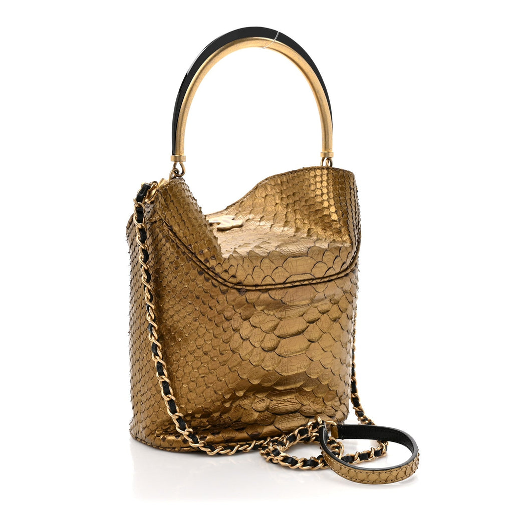 Chanel Metallic Snakeskin Paris Hamburg Drawstring Bucket Bag Gold