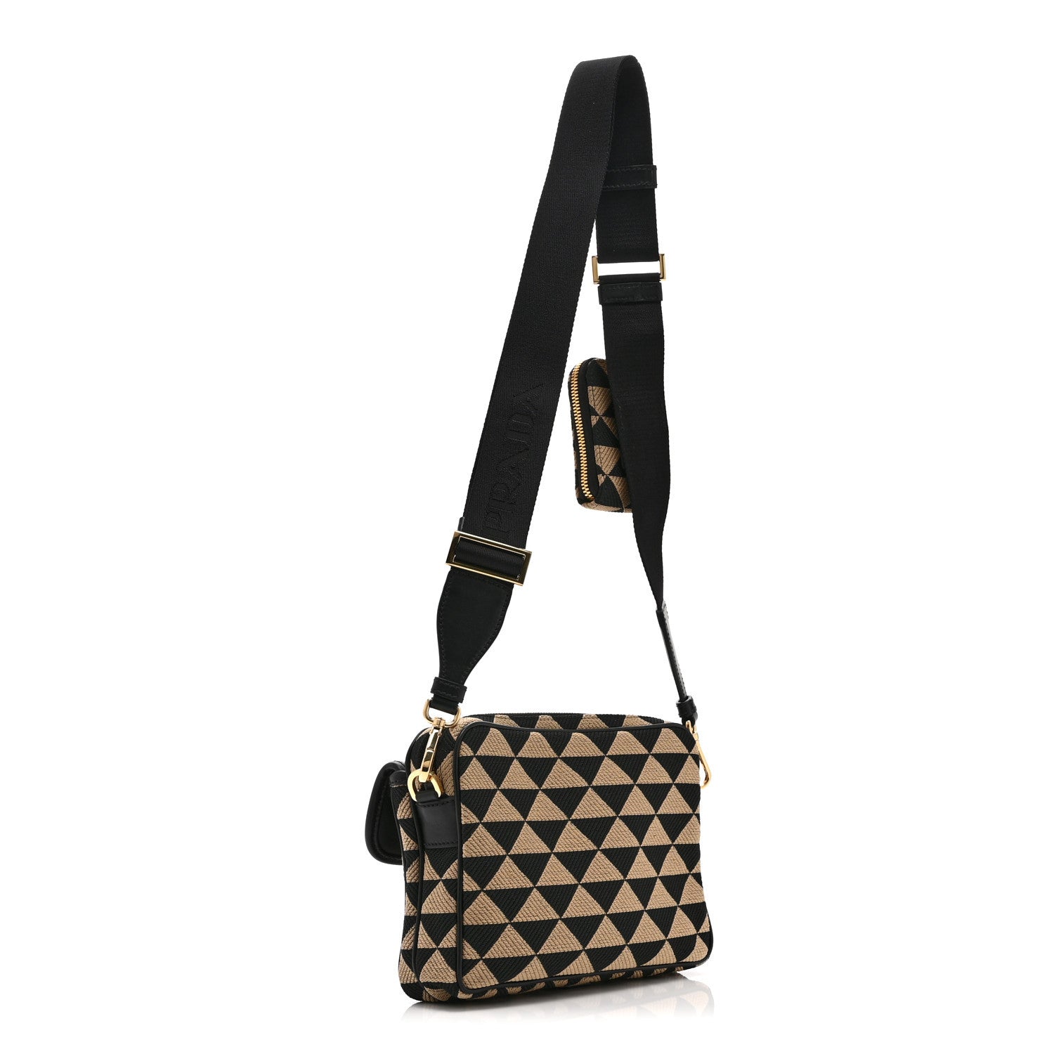 Prada Jacquard Saffiano Triangolo Symbole Embroidered Pocket Single Snap Buckle Messenger Flap Bag  Black Corda