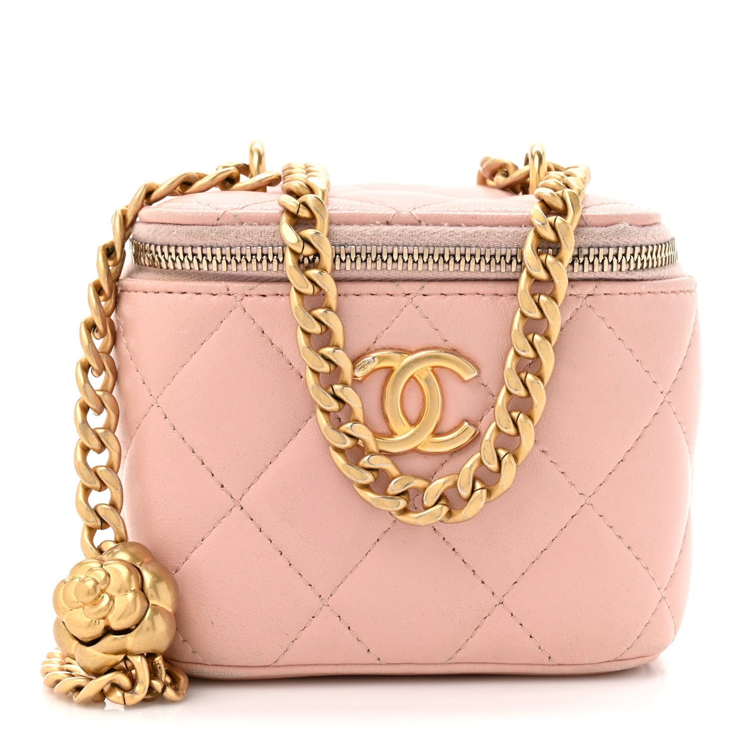 Chanel Lambskin Quilted Mini Sweet Camellia Vanity Case With Chain Pink