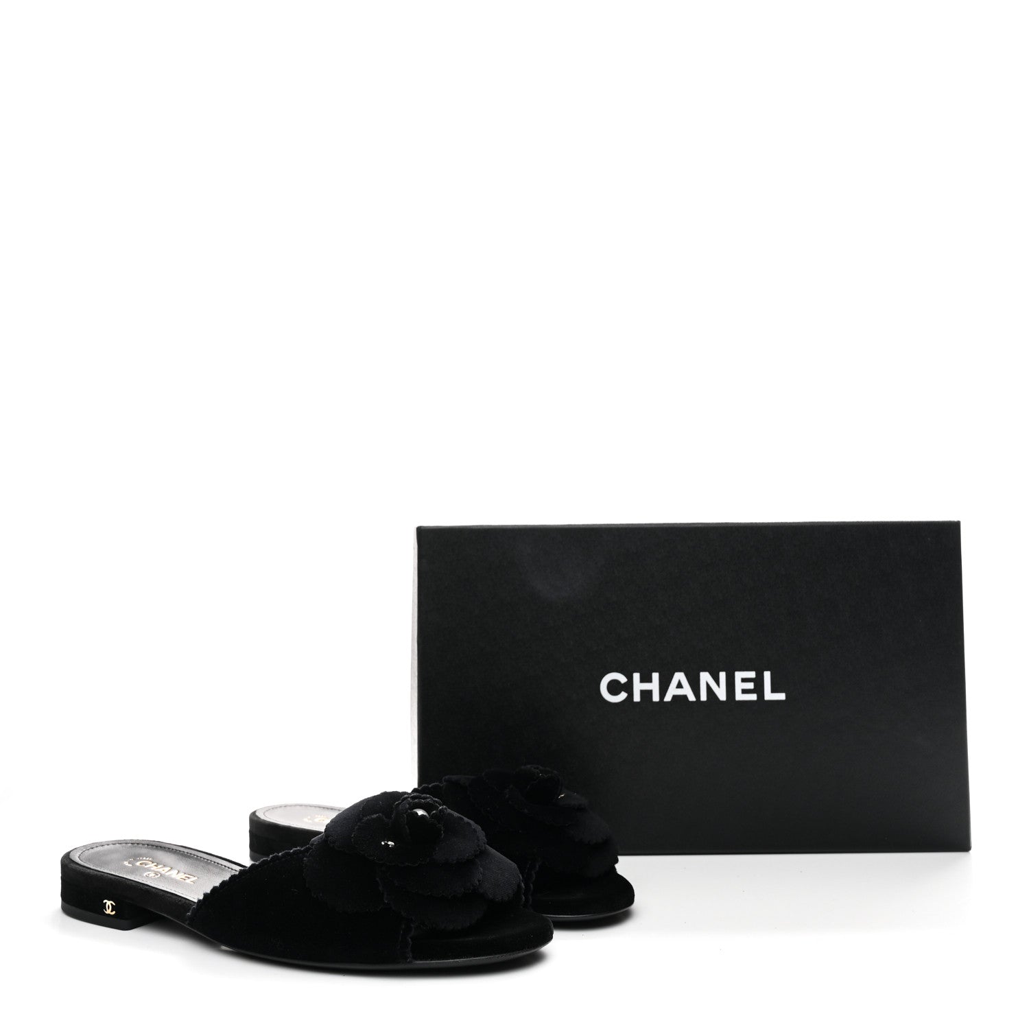 Chanel Velvet Pearl Camellia Slide Sandals 37 Black
