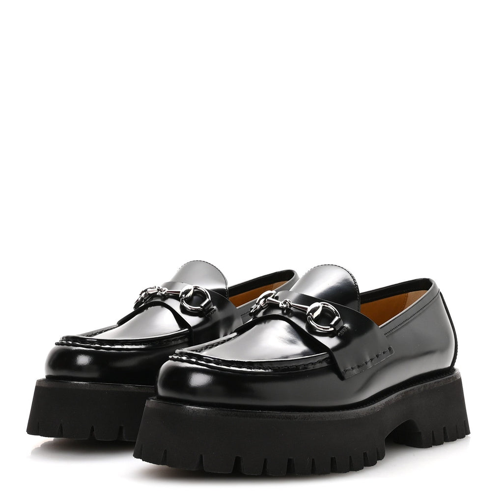 Gucci Cordovan Lux Womens Horsebit 45mm Platform Loafers 39.5 Black