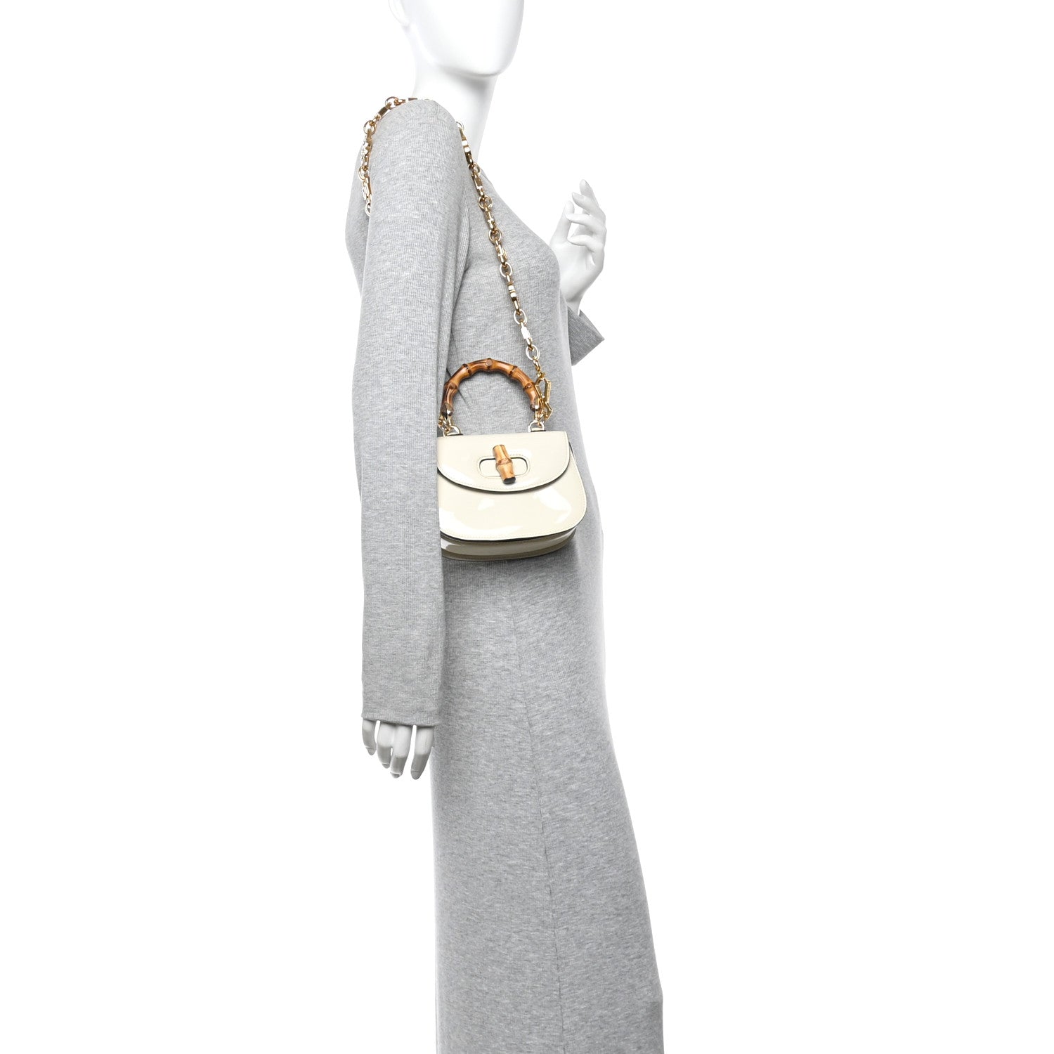 Gucci Patent Crystal Mini Bamboo 1947 Top Handle Chain Bag White