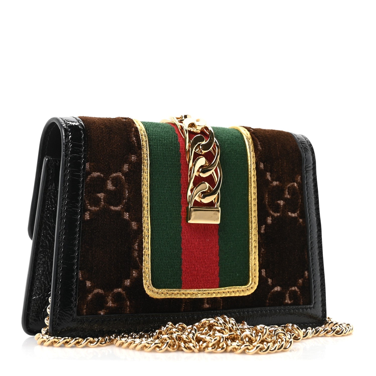 Gucci Velvet GG Monogram Web Super Mini Sylvie Chain Shoulder Bag Brown Black Oro Vecchio
