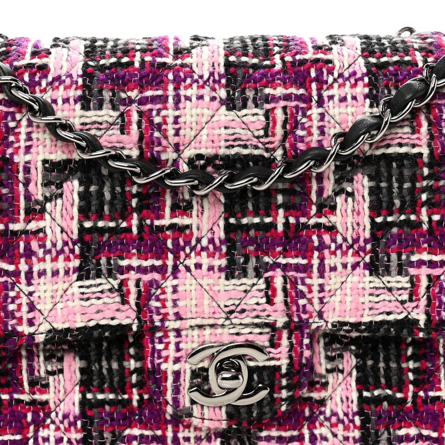 Chanel Tweed Quilted Medium Double Flap Pink Black