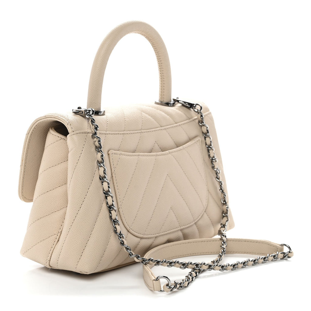 Chanel Caviar Chevron Quilted Mini Coco Handle Flap Beige
