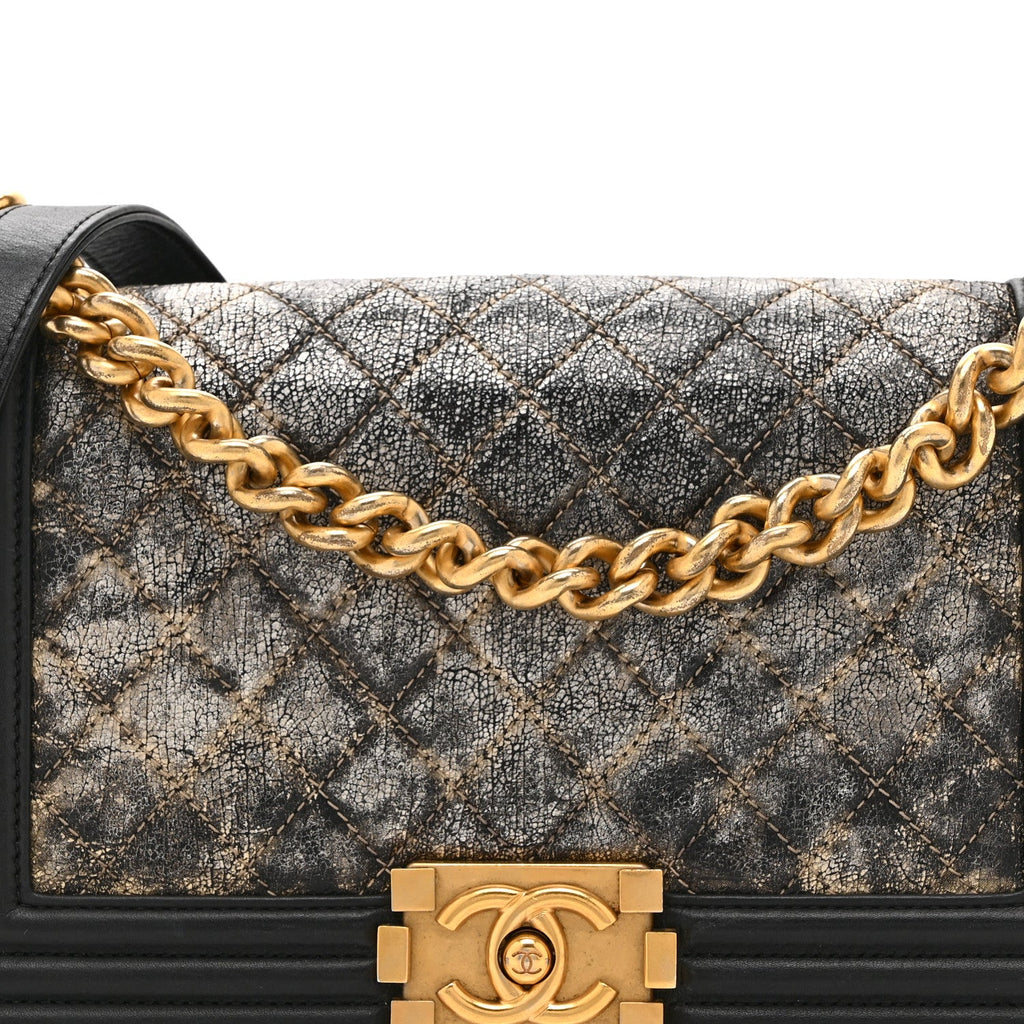 Chanel Metallic Crumpled Goatskin Medium Boy Flap Black Gold