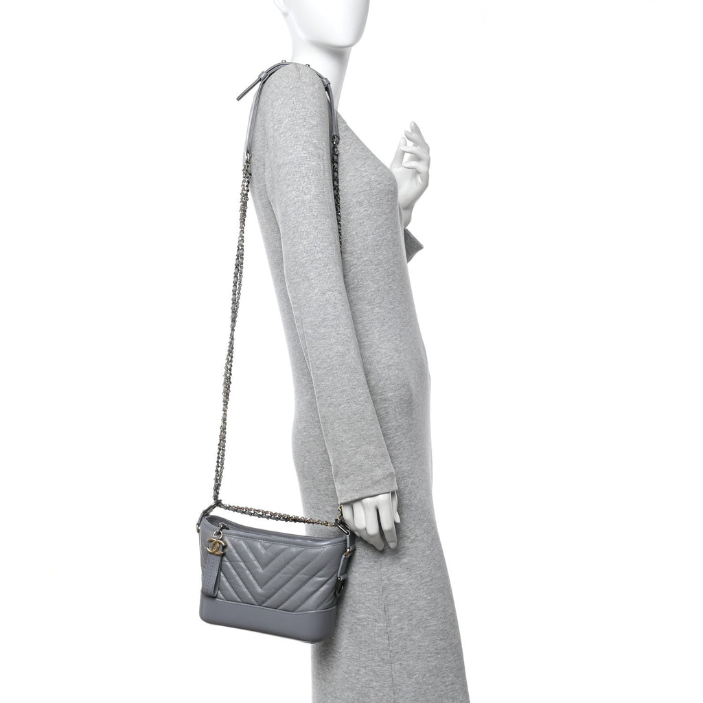 Chanel Aged Calfskin Chevron Quilted Small Gabrielle Hobo Grey