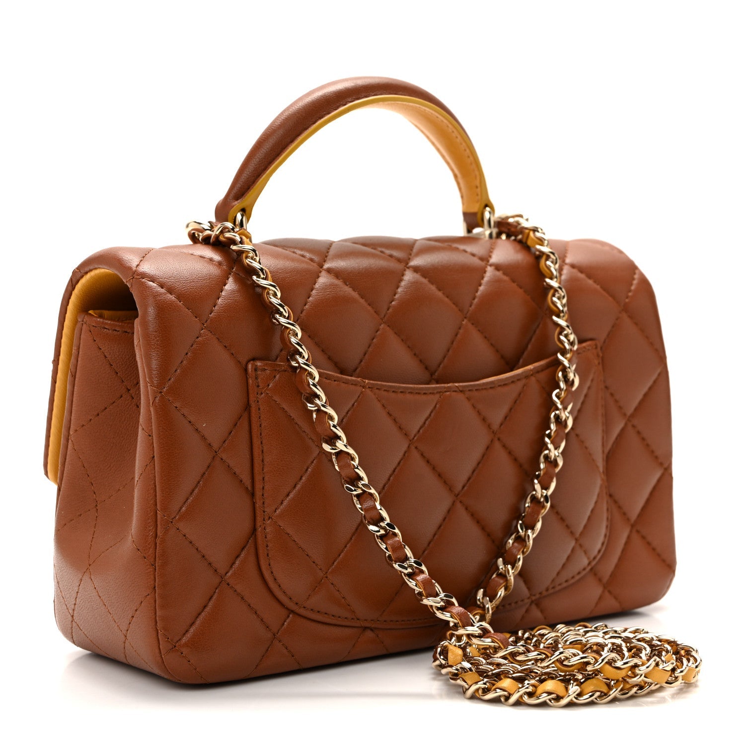 Chanel Lambskin Quilted Bi-Color Mini Top Handle Rectangular Flap Light Brown Yellow