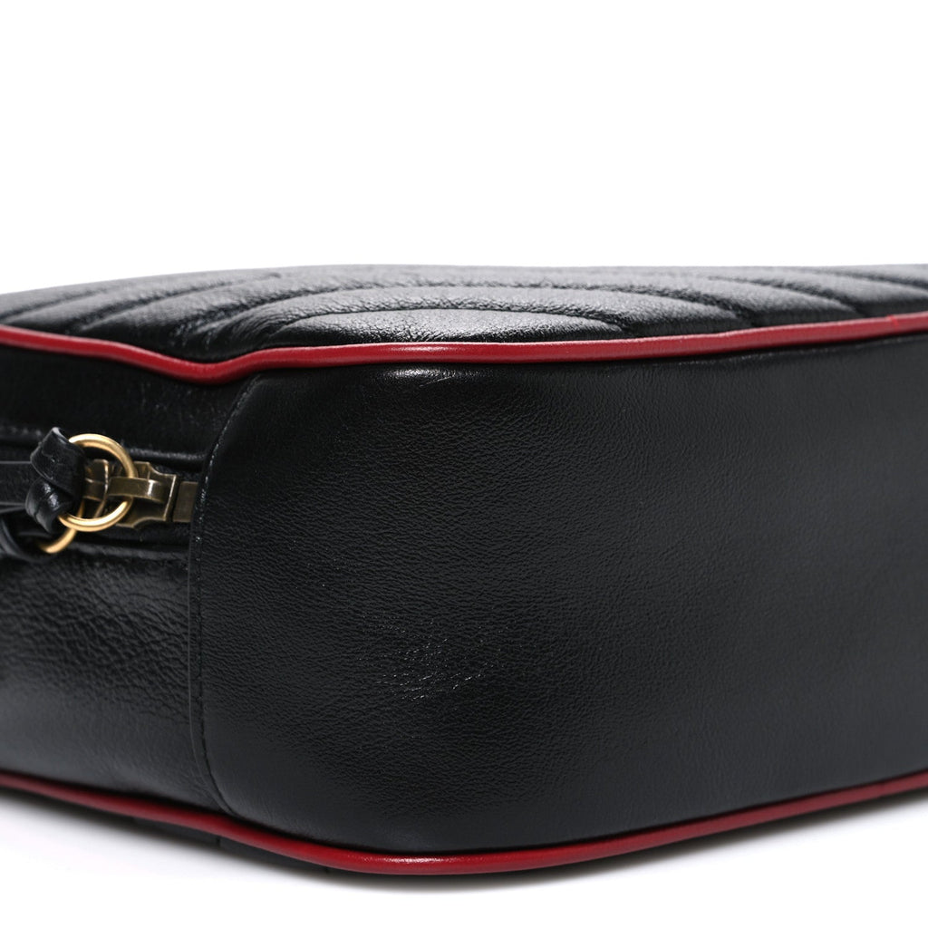 Gucci Vintage Effect Calfskin Matelasse Diagonal Small Torchon GG Marmont Bamboo Top Handle Shoulder Bag Black Romantic Cherry