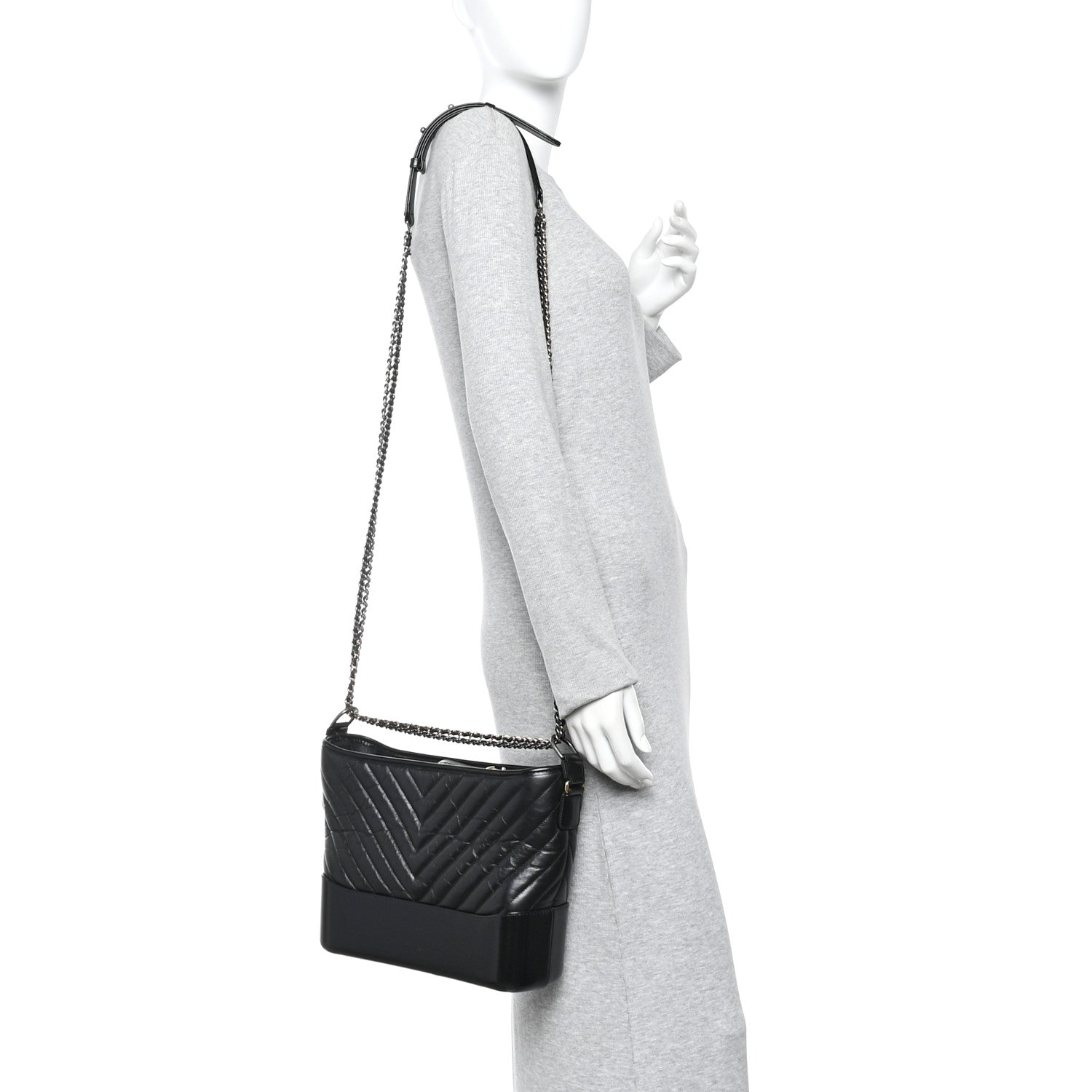 Chanel Aged Calfskin Chevron Quilted Medium Gabrielle Hobo Black