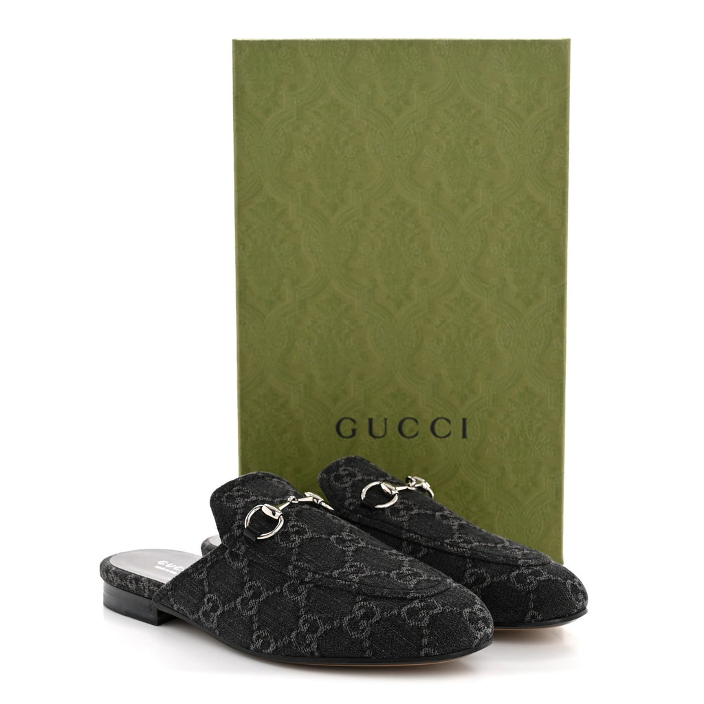 Gucci New Denim GG Malaga Kid Womens Princetown Slippers 36 Grey Black