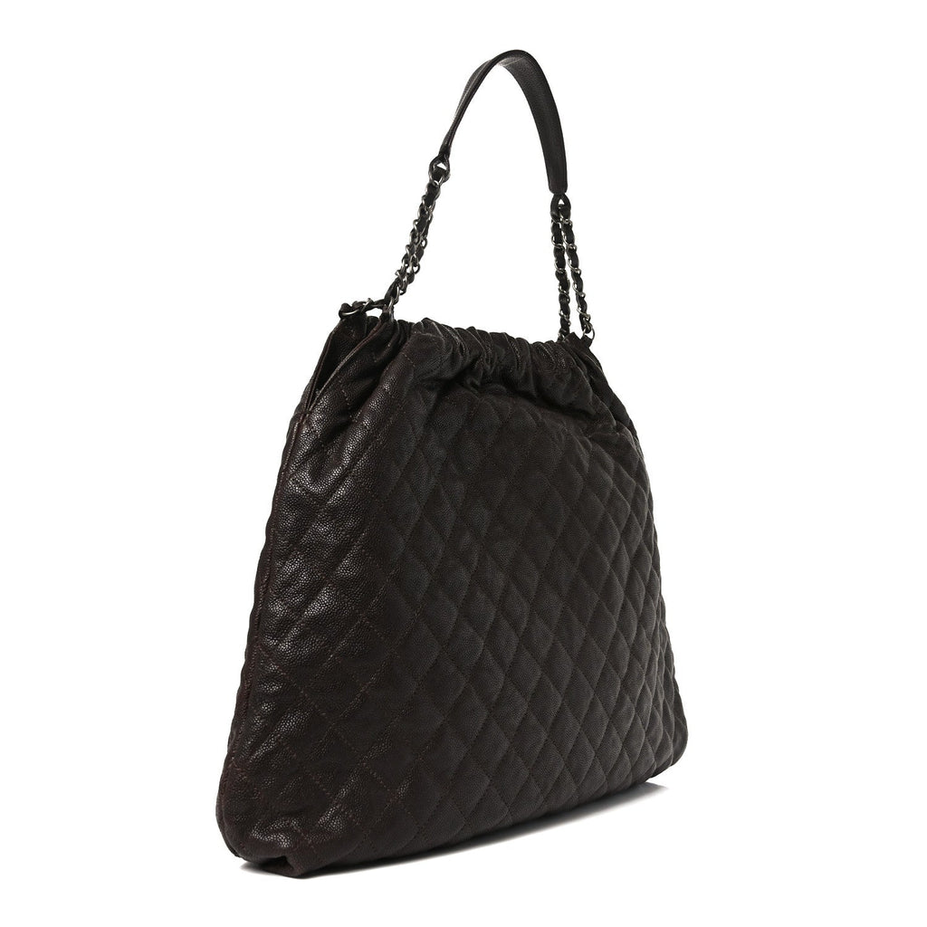 Chanel Distressed Glazed Caviar Quilted Large Elastic Tote Dark Brown