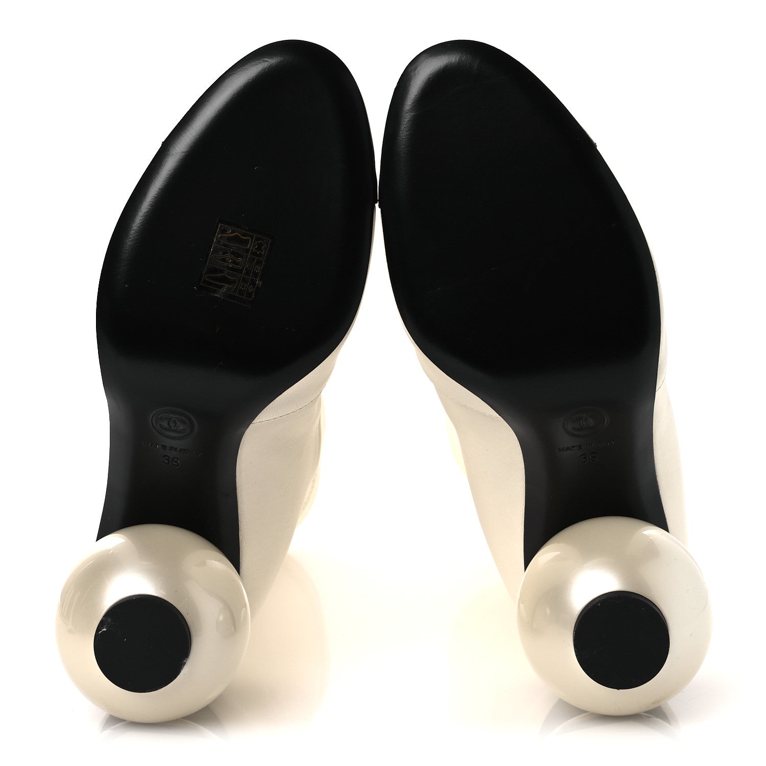 Chanel Stretch Lambskin Patent Cap Toe Pearl Ball Mid Calf Boots 39 White Black