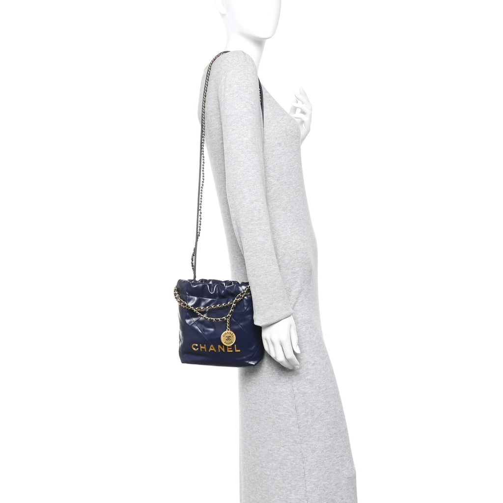Chanel Shiny Calfskin Quilted Mini Chanel 22 Navy Blue