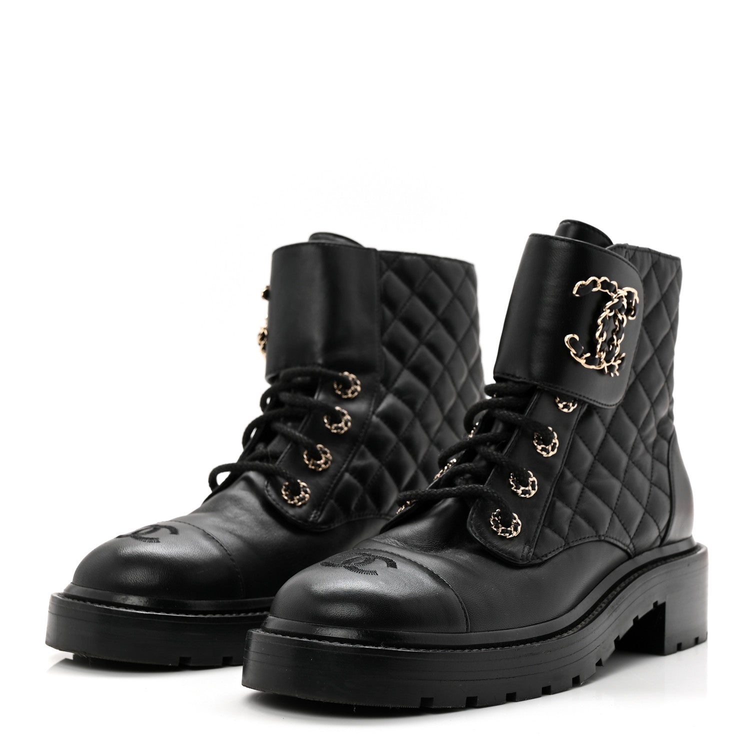 Chanel Shiny Lambskin Quilted Lace Up Combat Boots 38.5 Black